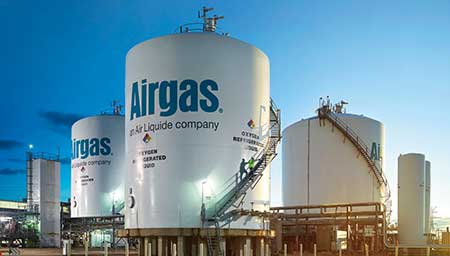 Several on-site bulk tanks, part of an Airgas air separation unit, are an example of the Airgas' multiple supply modes for gases via a robust supply chain and large US footprint.