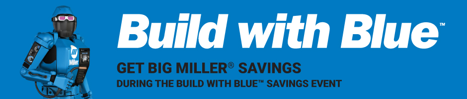 White Miller Build with Blue logo on top of a blue background learn more about promotion