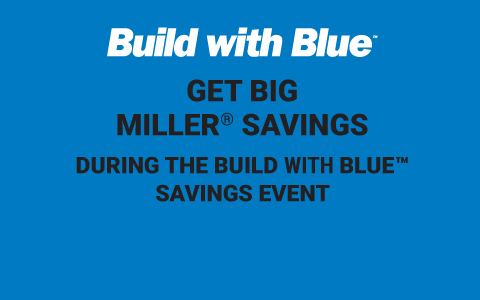 White Miller Build with Blue logo on top of a blue background learn more about promotion