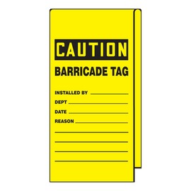 AccuformNMC™ 12" X 3 1/8" Black/Yellow Wrap 'n Stick™ Vinyl Barricade Tag "CAUTION BARRICADE TAG INSTALLED BY___DEPT___DATE___REASON___"