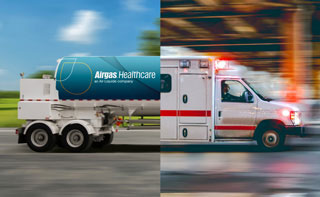 Split image showing the front of an ambulance and the back of a Airgas gas tanker